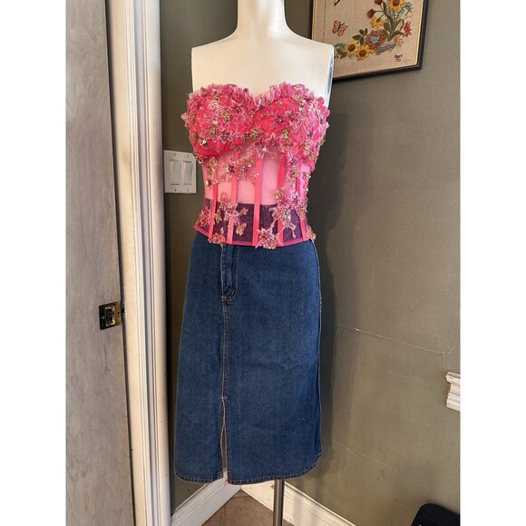 Spectacular Hot Pink CORSET EMBROIDERED Bead Sequin ! Small Fairy - Picture 6 of 6